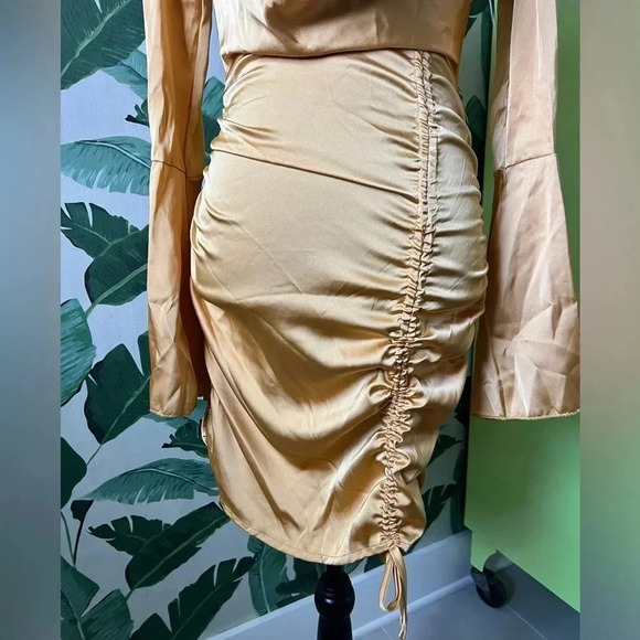 Pretty Little Thing Womens Yellow Ruched Plunge Cowl Neck Long Sleeve Dress 2 - Picture 6 of 14